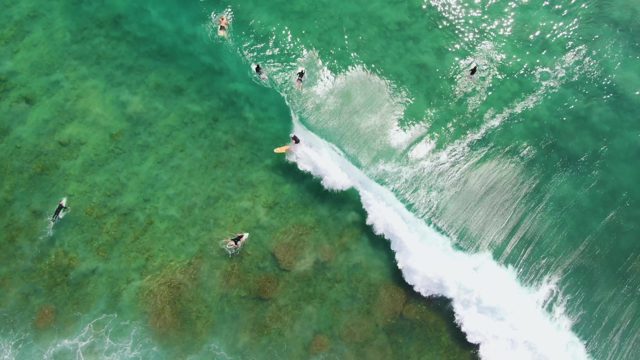 PUNTA GORDA BEACH BCS MEXICO-2023: Surfers Paddling in Clear Ocean As Wave Breaks
