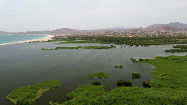 PUERTO LOS CABOS BEACH BCS MEXICO-2023: Coastal Wetlands with Sandy Beach and Distant Town