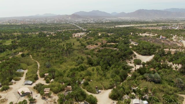 PUERTO LOS CABOS BEACH BCS MEXICO-2023: Rural Dirt Roads with Moving Vehicle and Greenery