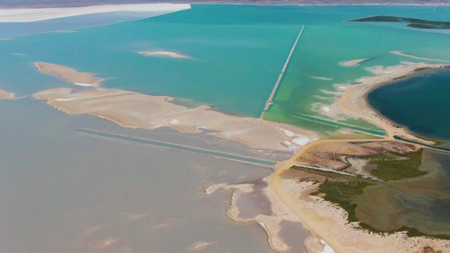 GUERRERO NEGRO BCS MEXICO-2022: Shifting Turquoise Water and Sandy Shoreline with Long Structure