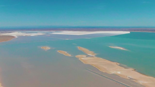 GUERRERO NEGRO BCS MEXICO-2022: Shifting Water Colors Over Sandy Shore and Islands