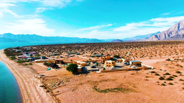 BAHIA DE LOS ANGELES BCS MEXICO-2022: Aerial Flight over Desert Coastal Village