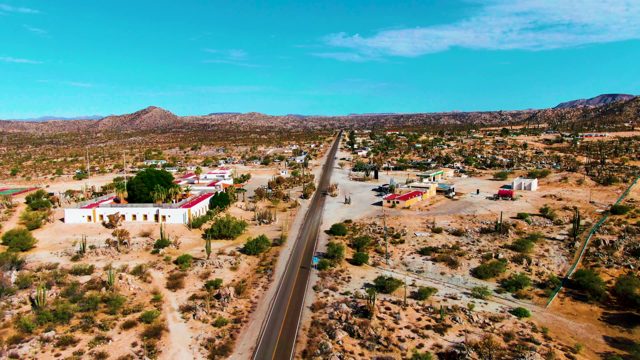 CATAVINA BC MEXICO-2022: Desert Road Flanked by Buildings and Cacti