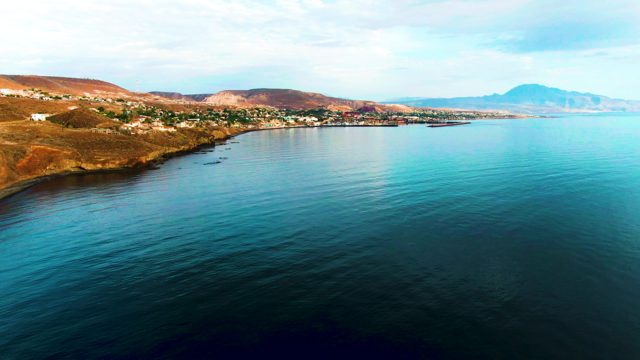 SANTA ROSALIA BCS MEXICO-2022: Hills and Town Along a Calm Coastal Sea