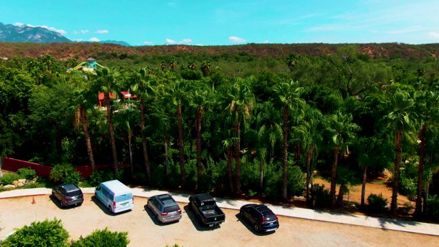 CADUANO BCS MEXICO-2022: Parked Cars and Palm Trees with Mountain Backdrop