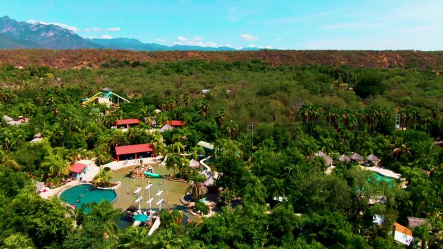 CADUANO BCS MEXICO-2022: People Swimming in a Resort Pool Surrounded by Trees