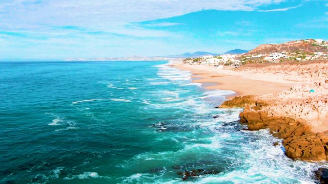 PUNTA BUZZARDS EAST CAPE BCS MEXICO-2022: Waves Crashing on Rocky Shore and Sandy Beach