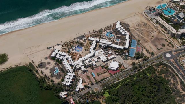 SAN JOSE DEL CABO BCS MEXICO-2022: Sandy Beach, Resort, and Coastal Road Aerial