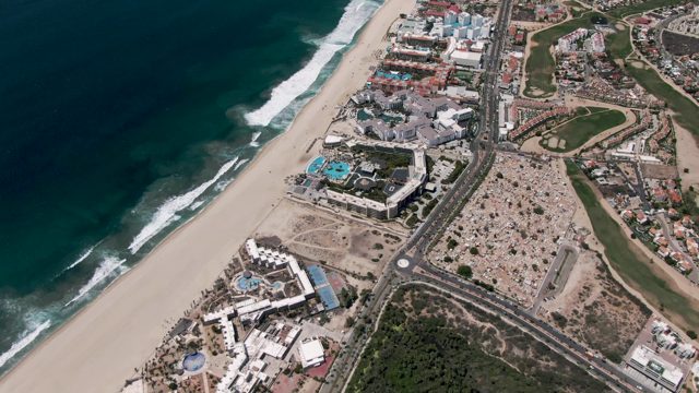 SAN JOSE DEL CABO BCS MEXICO-2022: Sandy Beach, Ocean Waves, and Coastal Road Aerial