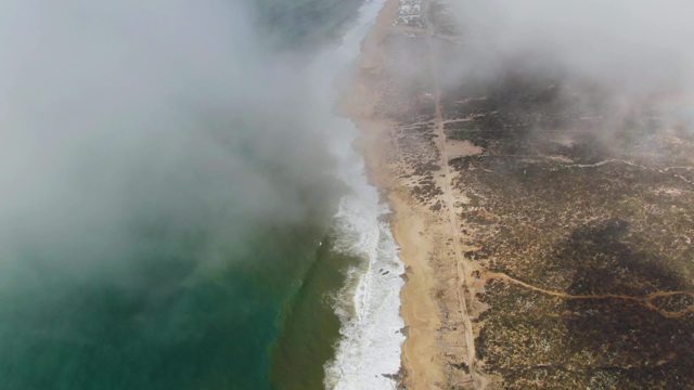 PUNTA GORDO EAST CAPE BCS MEXICO-2022: Fog-Drifting Coastline with Ocean, Beach, and Road