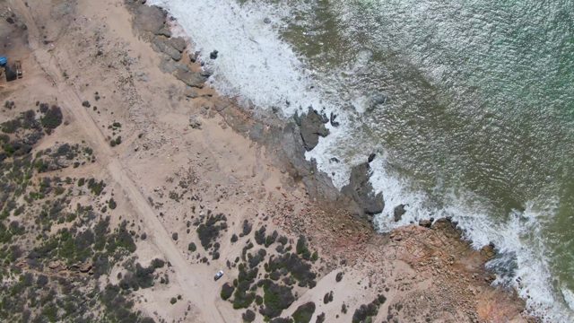 BUZZARDS EAST CAPE LOS CABOS BCS MEXICO-2022: Sandy Coastal Path with Ocean Waves and Bushes