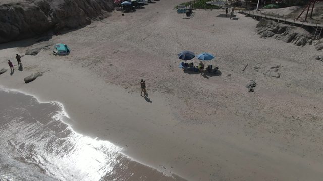 PLAYA EL ARBOLITO CABO PULMO BCS MEXICO-2022: Beachgoers Strolling on Sandy Shore From Above