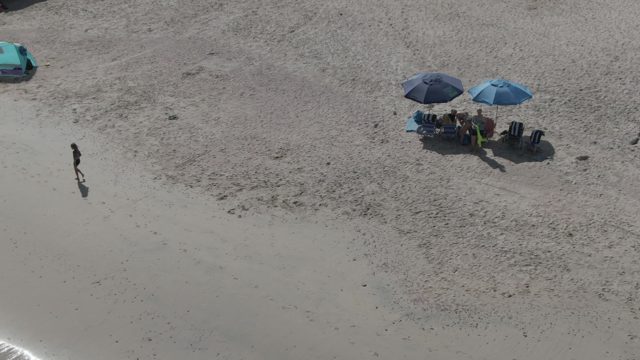 PLAYA EL ARBOLITO CABO PULMO BCS MEXICO-2022: Beachgoers Moving on Sandy Shore Under Umbrellas