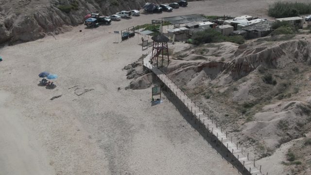 PLAYA EL ARBOLITO CABO PULMO BCS MEXICO-2022: Beach Boardwalk and Dunes Aerial Pan