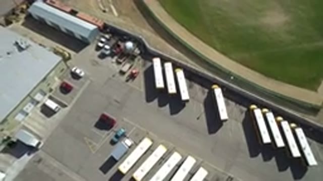 HIDDEN LAKE COLORADO-2016: Overhead View Of School Bus Parking Lot