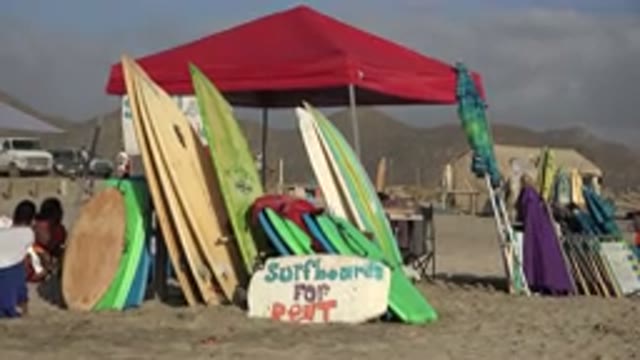 LOS CABOS MEXICO-2017: Surfboards Boogie Boards And Umbrellas For Rent On Beach