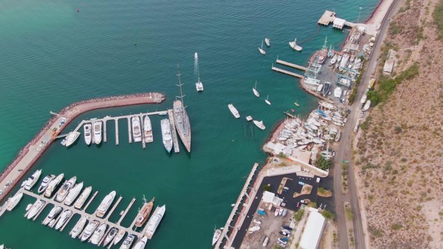 LA PAZ BCS-2023: Marina with Docked Boats and Moving Vessels From Above