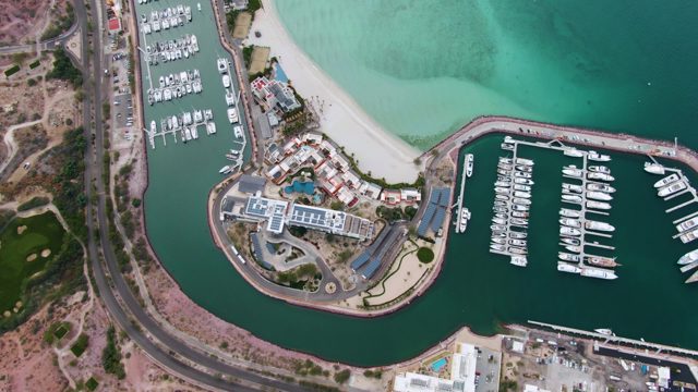 LA PAZ BCS-2023: Marina with Boats and Sandy Beach From Above