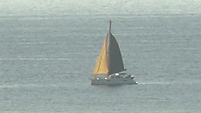Sailboat with Yellow and Dark Sails Moving on Calm Ocean
