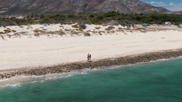 Two People Walking Along the Beach Shoreline
