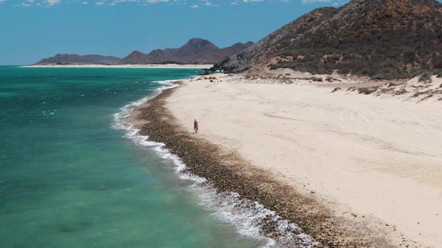 A Person Strolls Along a Sandy Beach by Turquoise Waters