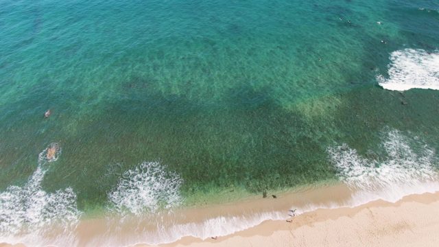 Sandy Beach with People and Rolling Ocean Waves