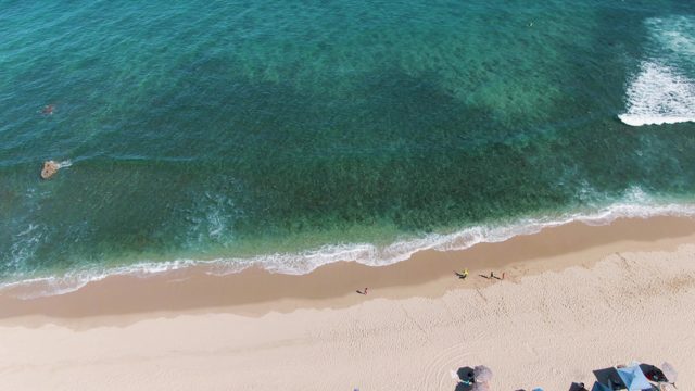 Beachgoers Swimming and Strolling Along the Shore