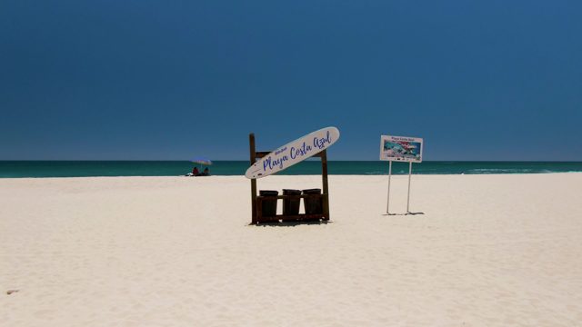 Sandy Beach with Signs and Calm Ocean