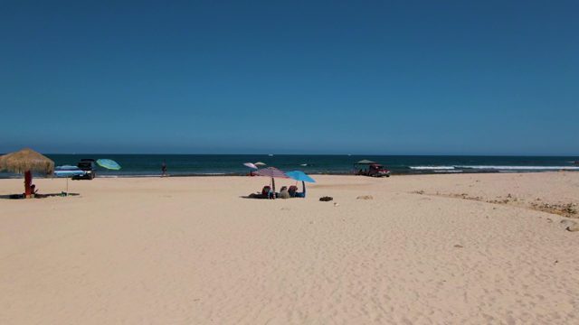Sandy Beach with Umbrellas and Ocean in Aerial Shot