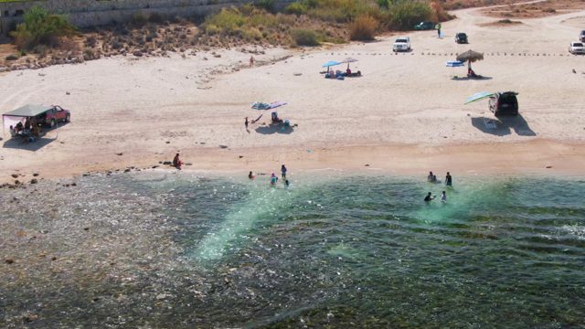 Beachgoers Swimming in Clear Ocean Waters