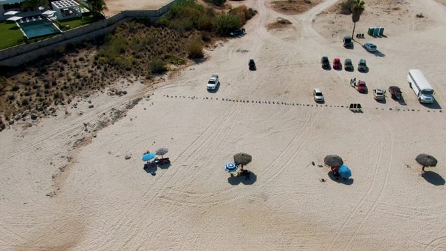 Beachgoers and Vehicles Moving on Sandy Shore