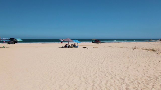 Beachgoers Relaxing Under Umbrellas on Sandy Shore