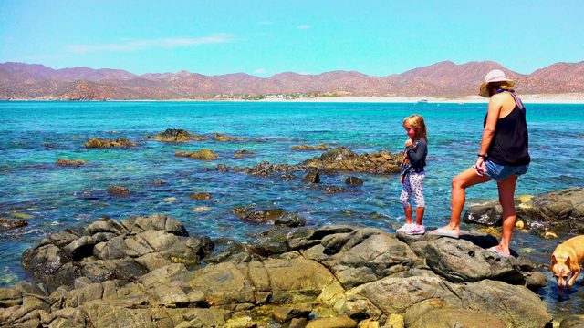 EL SARGENTO LA VENTANA MEXICO-2020: Woman and Child with Dog on Rocky Shore
