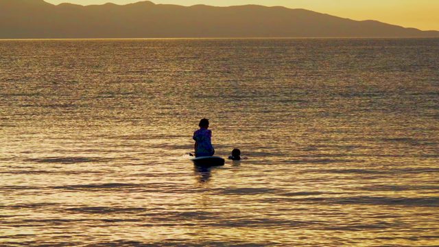 EL SARGENTO LA VENTANA MEXICO-2020: Person and Dog on Paddleboard in Sunset Waters