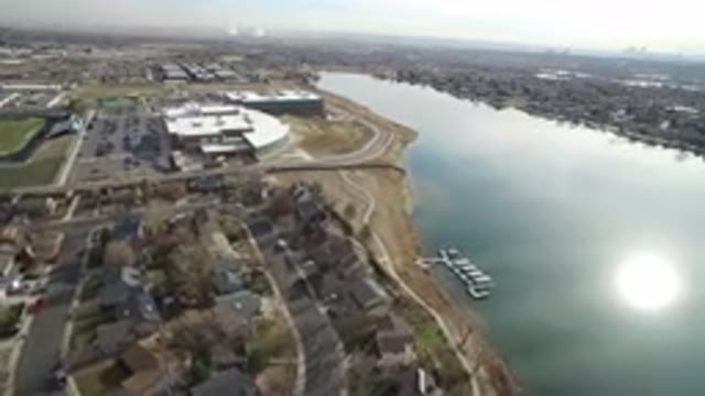 WESTMINSTER COLORADO-2016: Aerial View Of Large Lake Alongside Houses And Green Suburbs