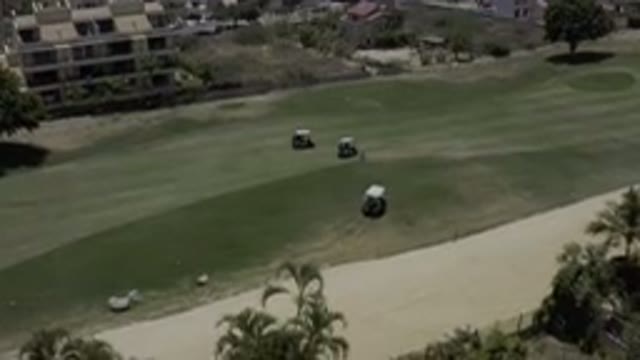 LOS CABOS MEXICO-2019: Overhead View Of Three Golf Carts On A Golf Course With Palm Trees