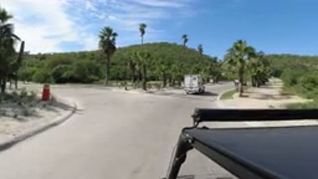 LOS CABOS MEXICO-2019: White Delivery Truck Drives Away Down Palm Tree-Lined Road