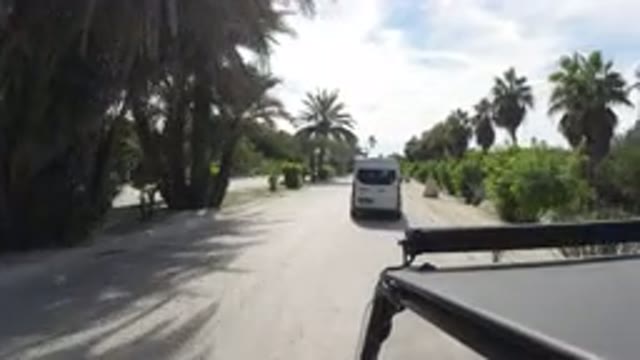 LOS CABOS MEXICO-2019: A Small Black SUV Following Behind A White Van With Palm Trees