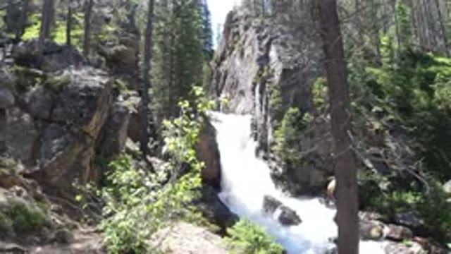 WINTER PARK COLORADO-2019: Outside Waterfall With Tall Trees And Bushes Nearby