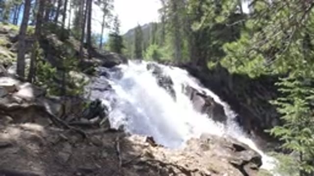 WINTER PARK COLORADO-2019: View Of A Small Waterfall Surrounded By Tall Pine Trees