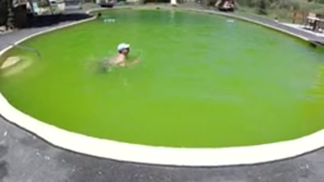 WINTER PARK COLORADO-2019: A Man Swimming in a Green Pool Near a Playground