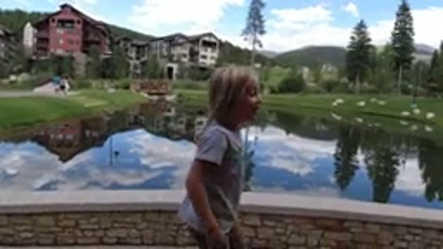 WINTER PARK COLORADO-2019: Little Girl On Bridge Near A Pen With Geese Or Ducks