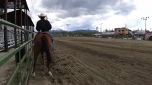 WINTER PARK COLORADO-2019: Man On A Brown Horse Inside An Arena Looking Toward