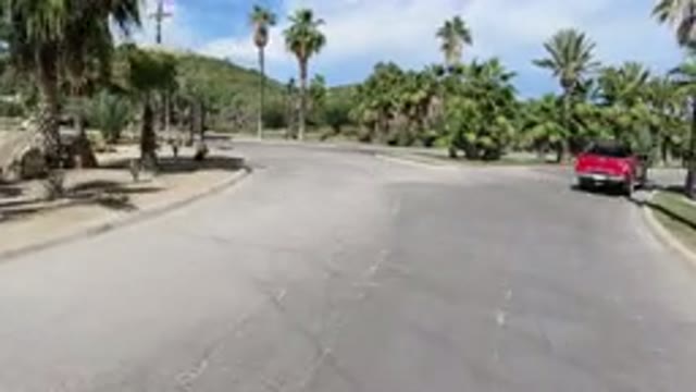 LOS CABOS MEXICO-2019: A Red Vehicle Travels Down A Road Flanked By Palm Trees