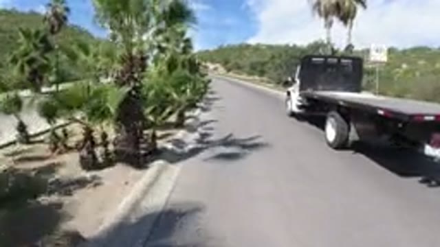 LOS CABOS MEXICO-2019: Vehicle Moves Along Divided Highway Passes A Truck Palm Trees