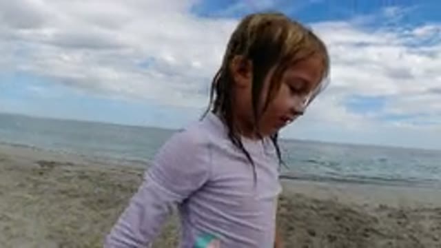 LOS CABOS MEXICO-2019: A Little Girl in White Dress Playing with Dog on Beach