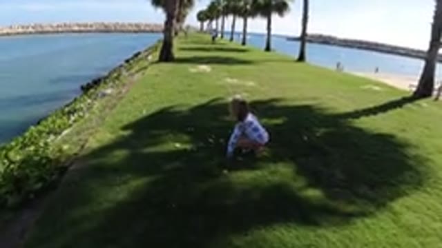 LOS CABOS MEXICO-2019: Little Blonde Girl Plays In The Grass Near Boat Marina
