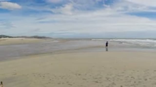 LOS CABOS MEXICO-2019: A Man Touching Sea Water on the Beach Sand