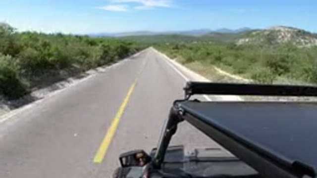 LOS CABOS MEXICO-2019: Black Vehicle Drives Down A Straight Road Surrounded By Foliage