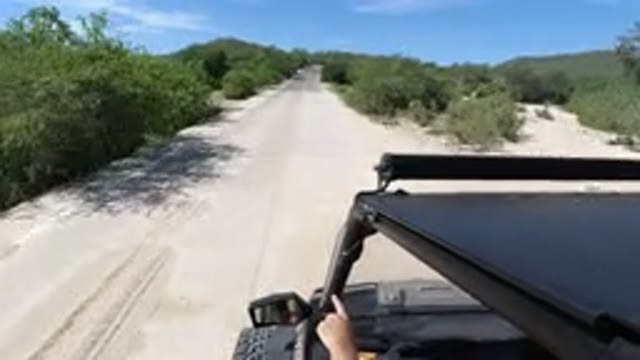LOS CABOS MEXICO-2019: Black Jeep Driving Down An Empty And Dusty Road On A Sunny Day
